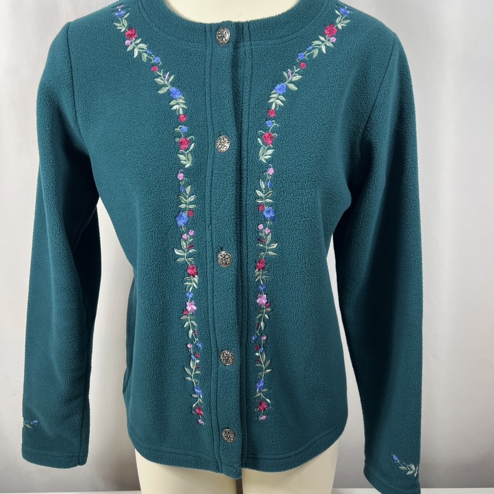 L. L. Bean Polartec Vintage‎ Fleece Teal Floral Button-Up Size Small